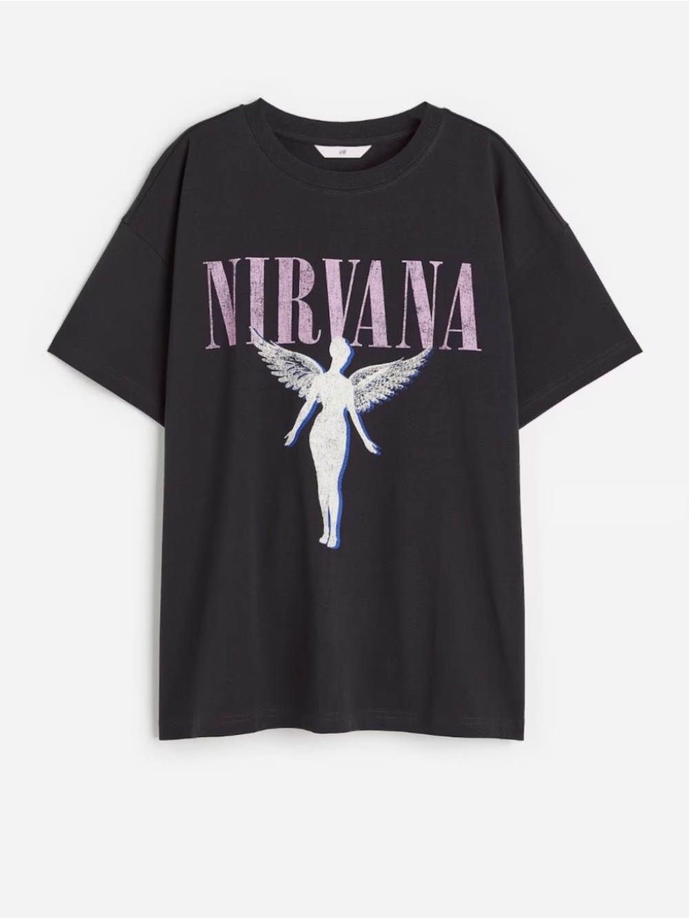 H&M Black Nirvana Graphic Tee with Pink Logo and White Angel